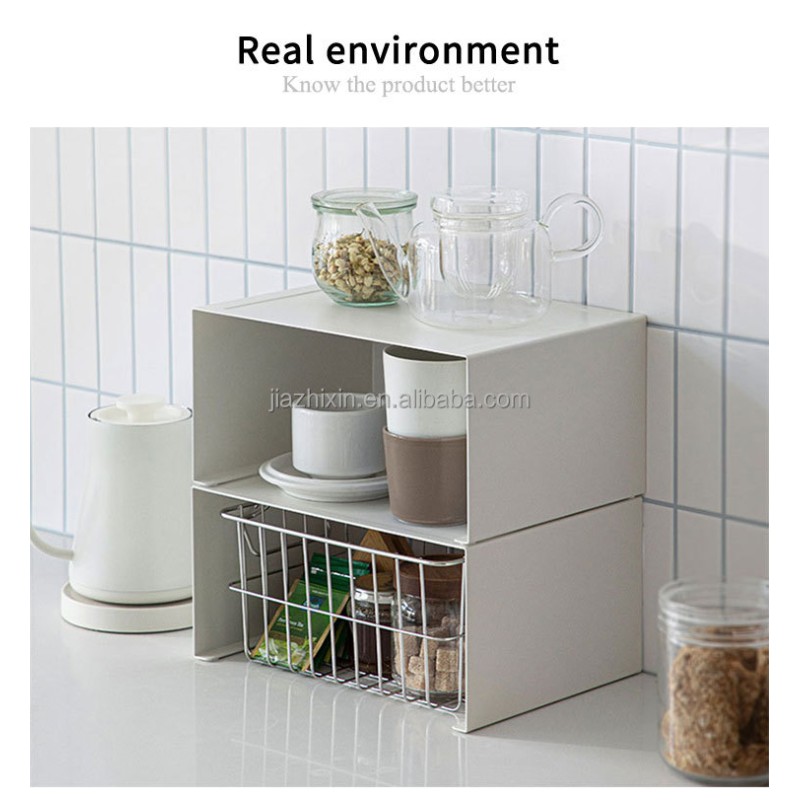 Stackable 2 Tier Tower Rack White Desktop Spice Jar Microwave Coffee Machine Stand Bowl Plate Cup Divider with Metal Mesh Basket