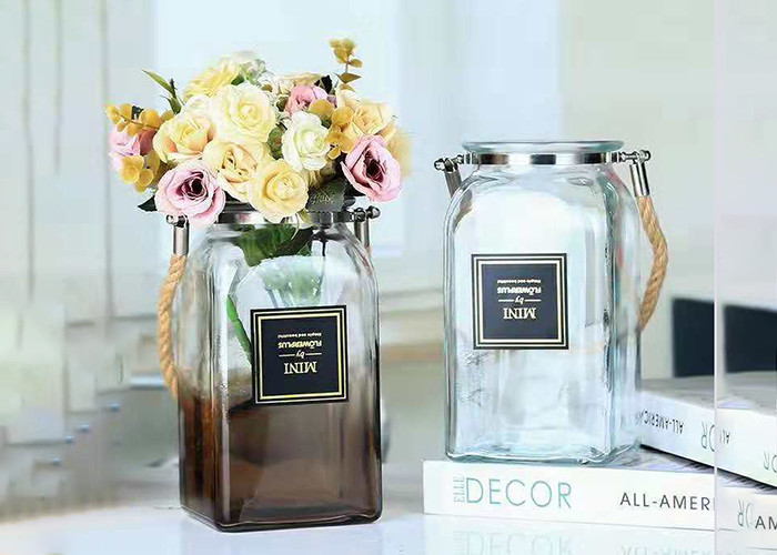 Elegant Square Decorative Clear Glass Vases Customized Logo Printing