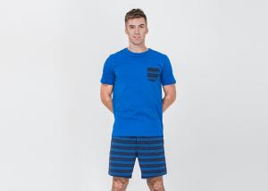 Wholesale Mens Cotton Jersey Round Neck Tee and Yarn Dyed Striped Short Pants Pyjamas Set Functional Placket Side Pockets from china suppliers