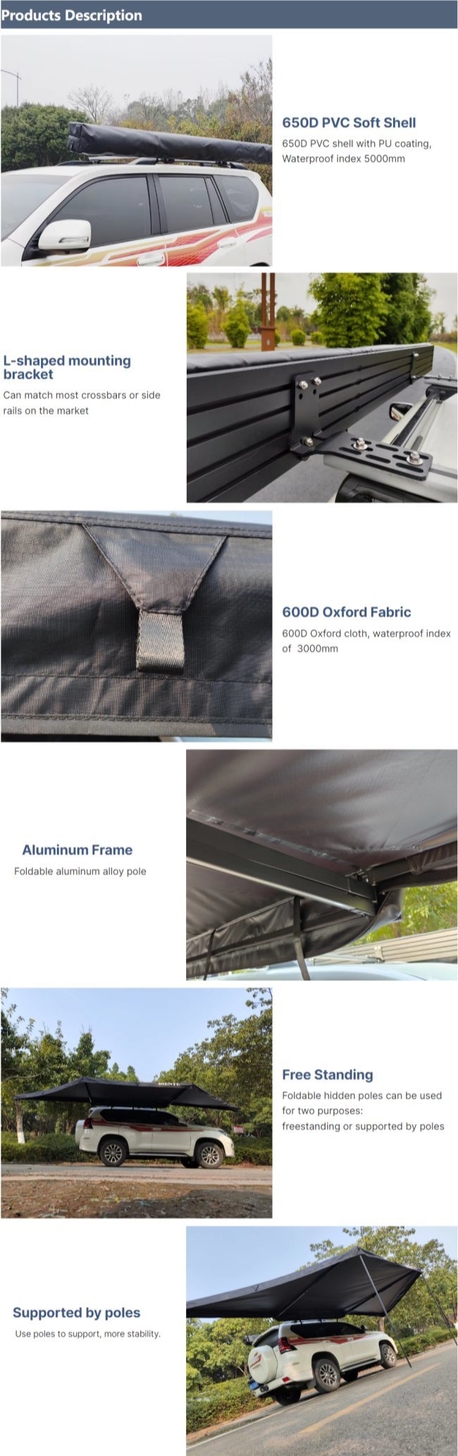 280G Polycotton Aluminum 180 Degree Awning With Mounting Accessories