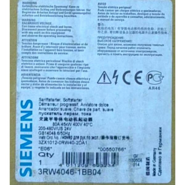 SIEMENS 3RW4046-1BB04 SIRIUS SOFT STARTER S3 80 A, 45 KW/400 V, 40 °C 200-480 V