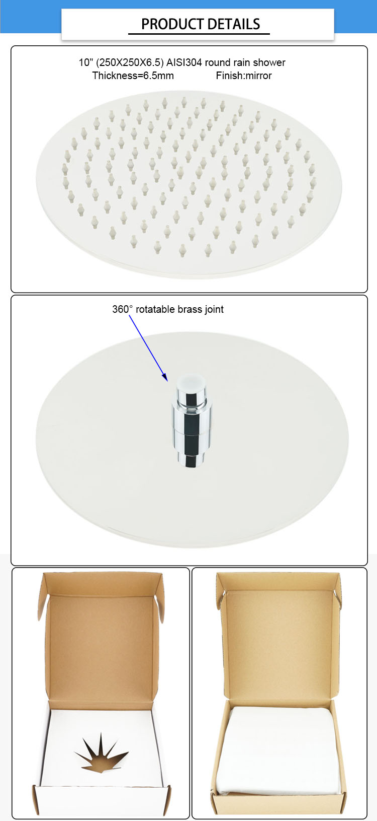 Round 6.5mm 10'' AISI304 Bathroom Rain Shower Heads
