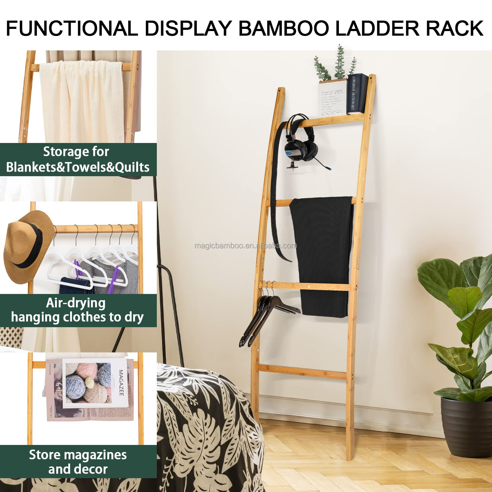 Upgrade Your Bathroom and Living Room Decor with a 6ft BAMBOO Towel Ladder Four Layers