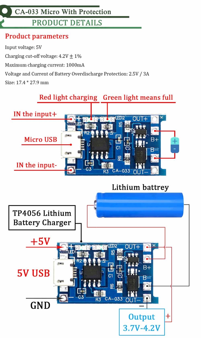 CA-033 Micro Type-c USB 5V Charging Board with Dual Functions 1A Li-ion Lithium Battery Charger Module 18650 TP4056 Standard
