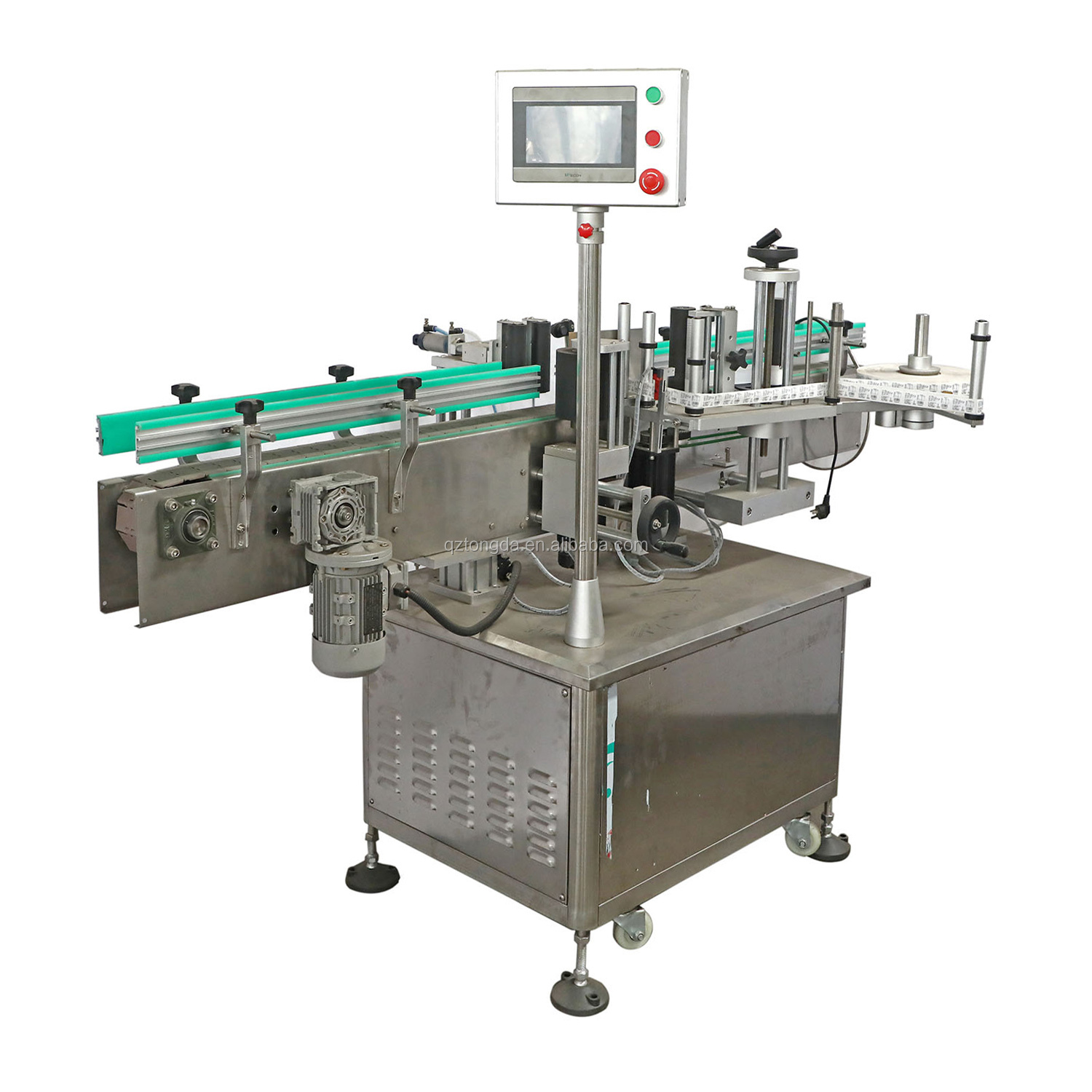 double sided label applicator, flat bottle label applicator, vertical bottle labeling machine