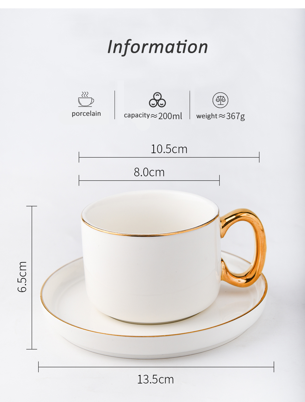 250ml Ceramic Cappucinno Cup And Saucer Set With Gold Rim Luxury Porcelain Coffee Mug