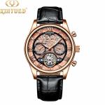 Genuine Leather Skeleton Mechanical Watch Gold Case Water Resistant