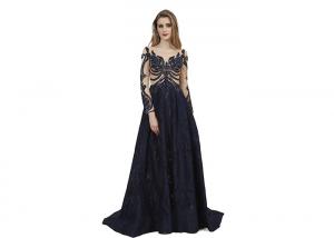Dark Blue Color Long Sleeve Beading Arabic Evening Dresses Eco Friendly