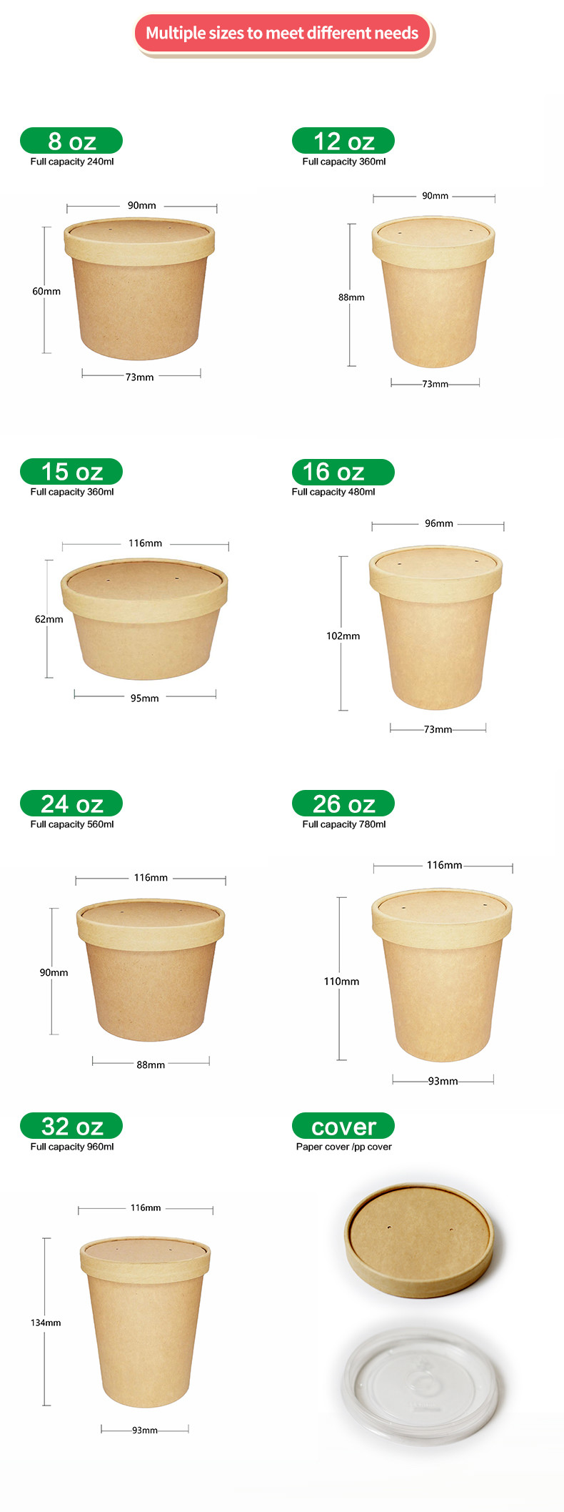 8oz 12oz 16oz 20oz 24oz 26oz 32ozEco Friendly Biodegradable Paper Bowls For Take away Industrials