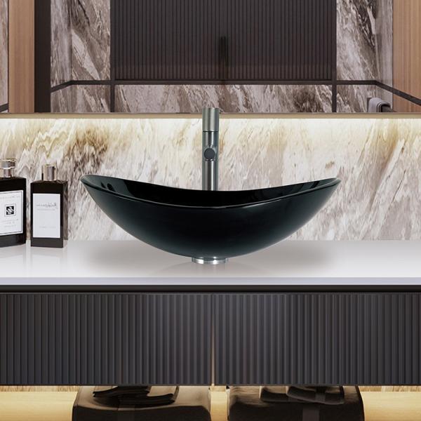 High Glossy Black Tempered Glass Sink Boat Shape Table Top Bathroom Glass Wash
