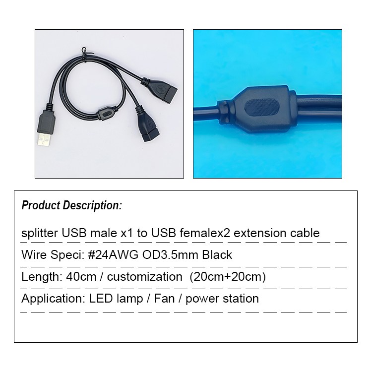USB 2.0 A Male to 2 Dual USB Female Jack Y Splitter Hub Power Cord Extension Adapter Cable