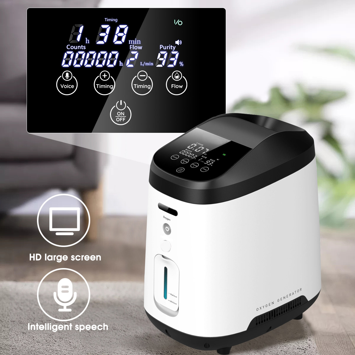 9L Portable Silent Oxygen Concentrator Intelligent Voice Prompt Large LCD Display