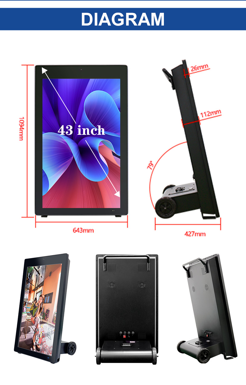 Outdoor capacitive touch lcd portable with wheels display advertising digital signage battery powered