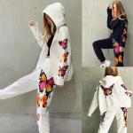 Casual Print Long Sleeve Cardigan Hoodie Sweatpants Women 2 Piece Sweatsuit
