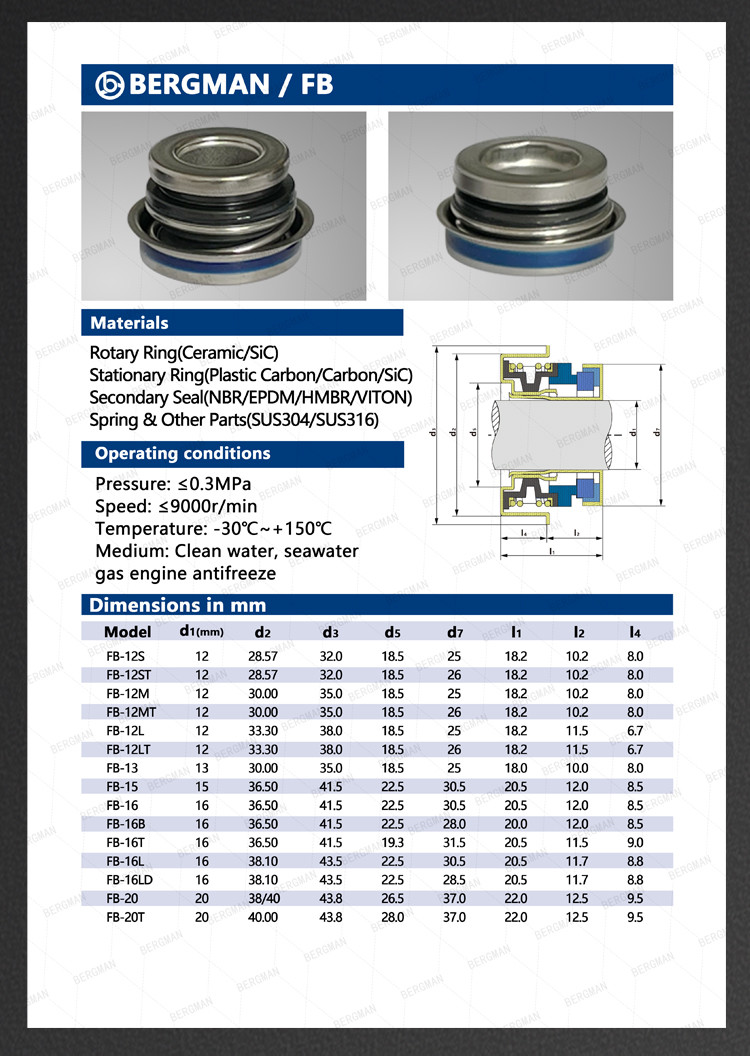 BERGMAN FBU FB-12 13 15 16 17 20 25mm Automobile And Motorcycle Water Pump Water Seal Mechanical Seal
