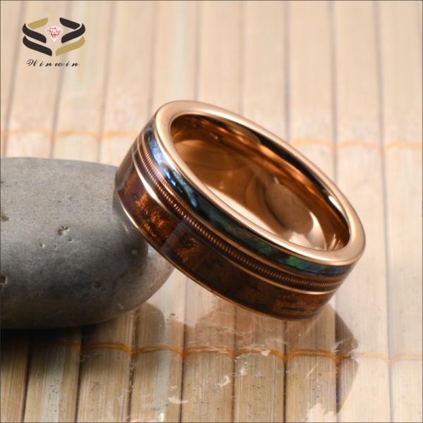 8mm Men Women Wedding Engagement Band with Rose Gold Guitar String Koa Wood and Abalone Shell Inlay Religious Type Other