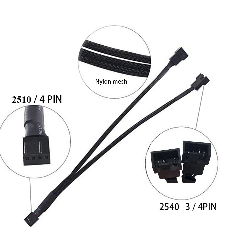 PWM Fan Cable Splitter Sleeved Braided Y Splitter Computer PC 4 Pin Fan Extension Power Cable1 to 2 Converter