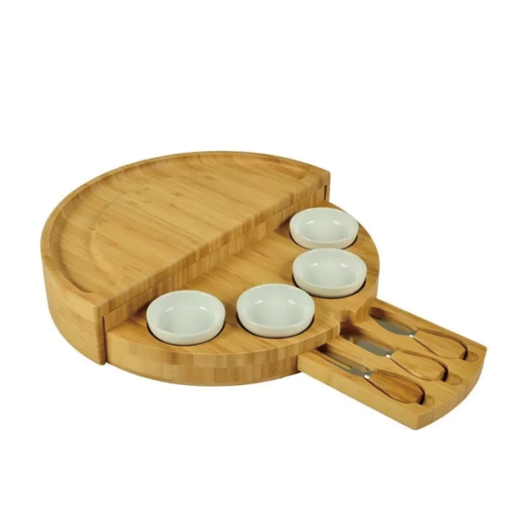 Best Gift Bamboo Tray Multi-function Round Shape Cheese Cutting Board with Knife Set