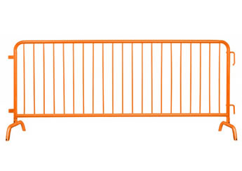 A piece of orange powder coated crowd control barrier with bridge feet.