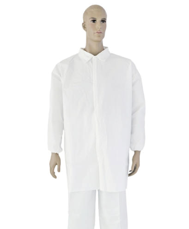 White Non Woven Disposable Lab Gown With Zipper Elastic Cuffs Collar