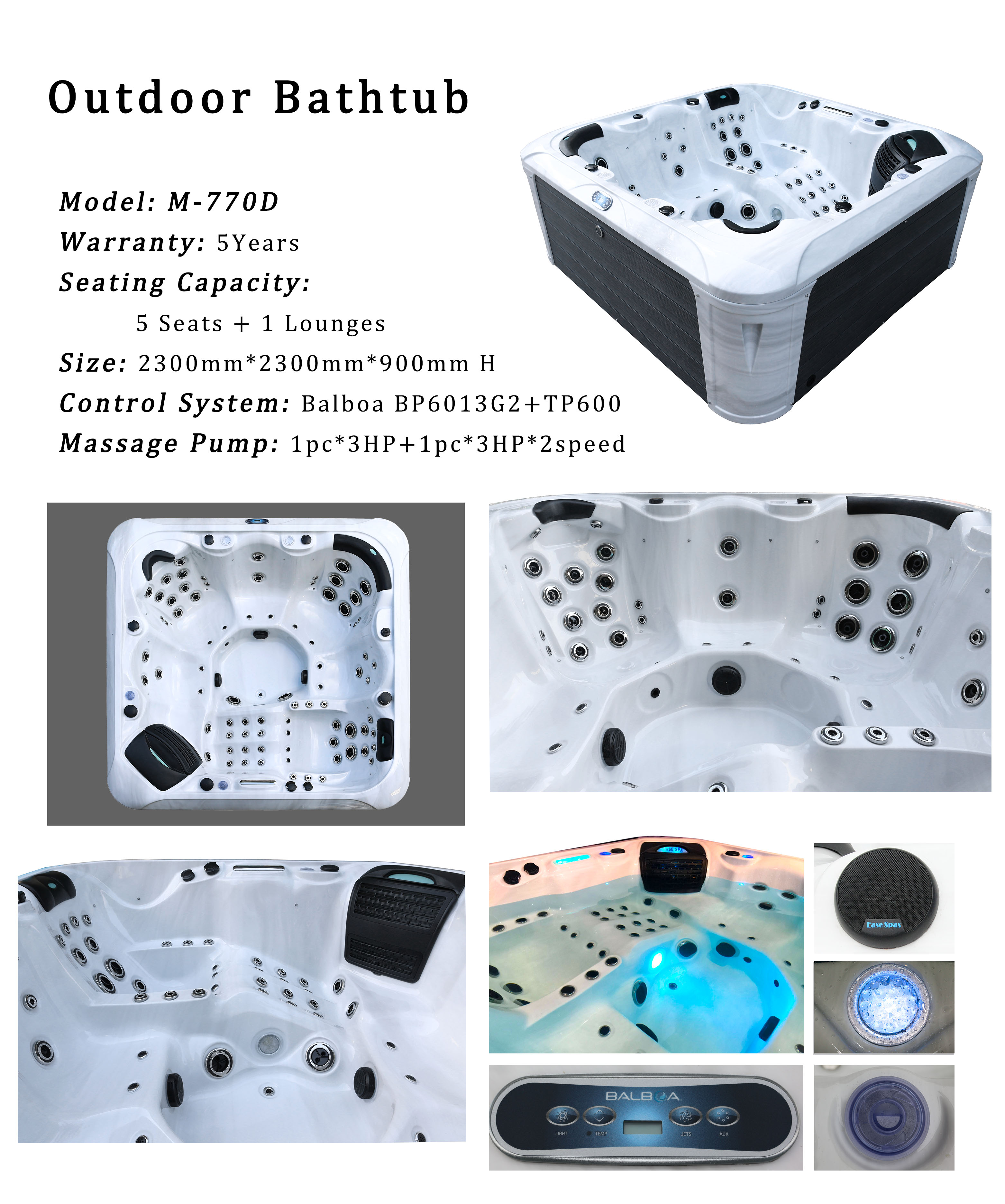 2.3m Outdoor Massage Bathtub Whirlpool Massage Spa Hot Tub For 6 Person