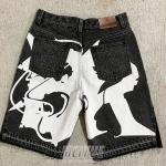 Custom Applique Embroidery Mens Raw Hem Denim Shorts Baggy Denim Shorts