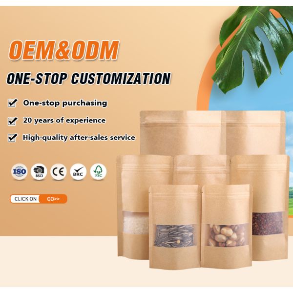 OEM ODM Foldable Biodegradable Window Moisture-proof Resealable Plastic Bags Kraft Paper Packaging Bags