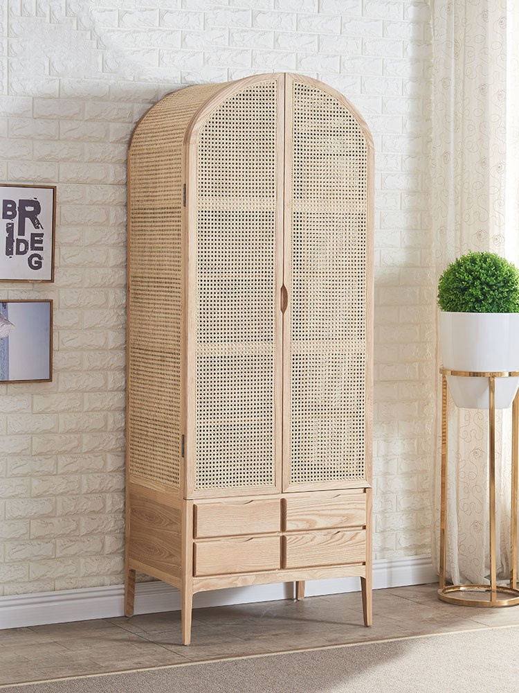 Wooden Wardrobe Closet Modern Rattan Clothes Storage Cabinet 2 Door Solid Wood 75*58*201cm