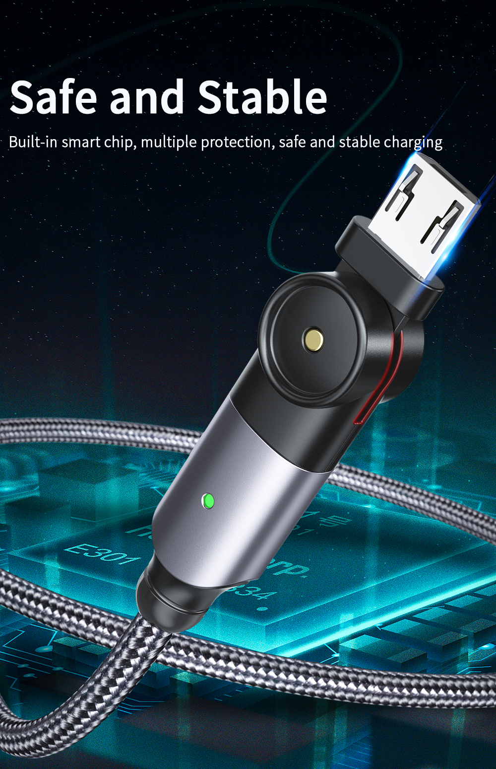 180 Rotate USB A To Micro B Cable Fast Charging LED Charger Data Cable