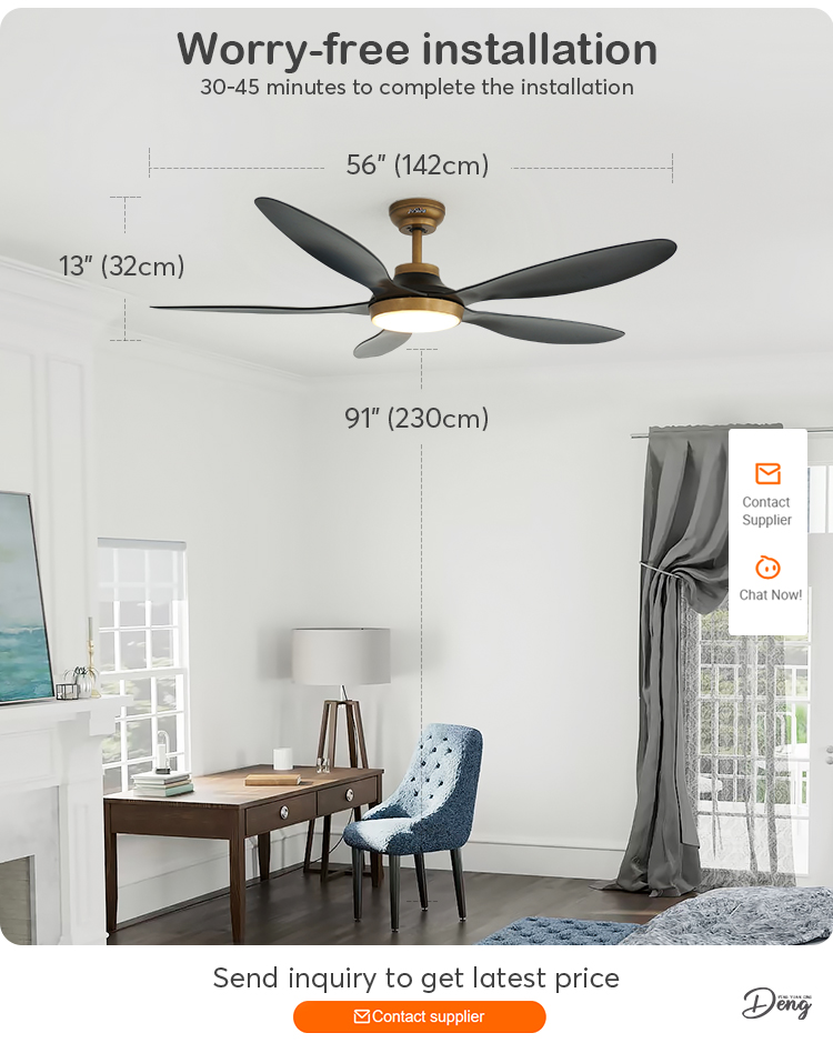 1stshine 56" Dimmable LED Lighting Ceiling Fan with 5 Black ABS Blades ROHS Certified