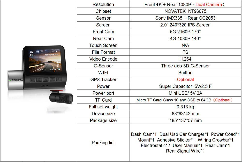 2 Inch 4K GPS Dash Cam Auto Driving Recorder Car DVR Rear View