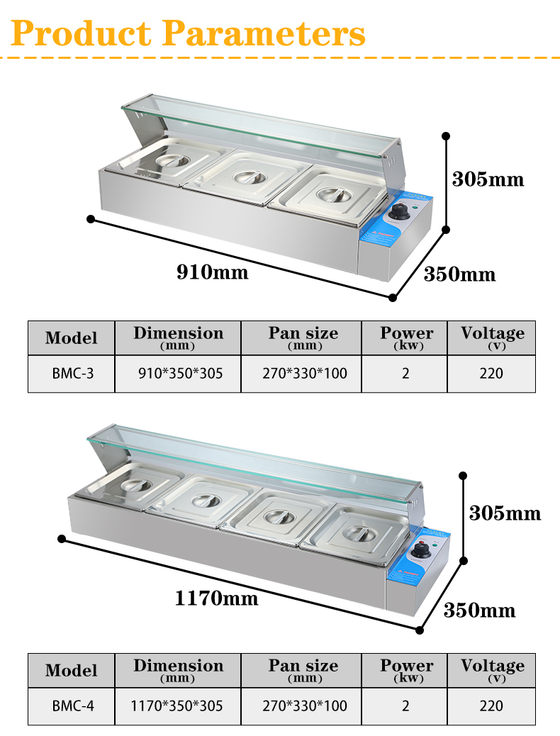 2KW Stainless Steel Commercial 6 Pan Bain Marie with Glass Cover