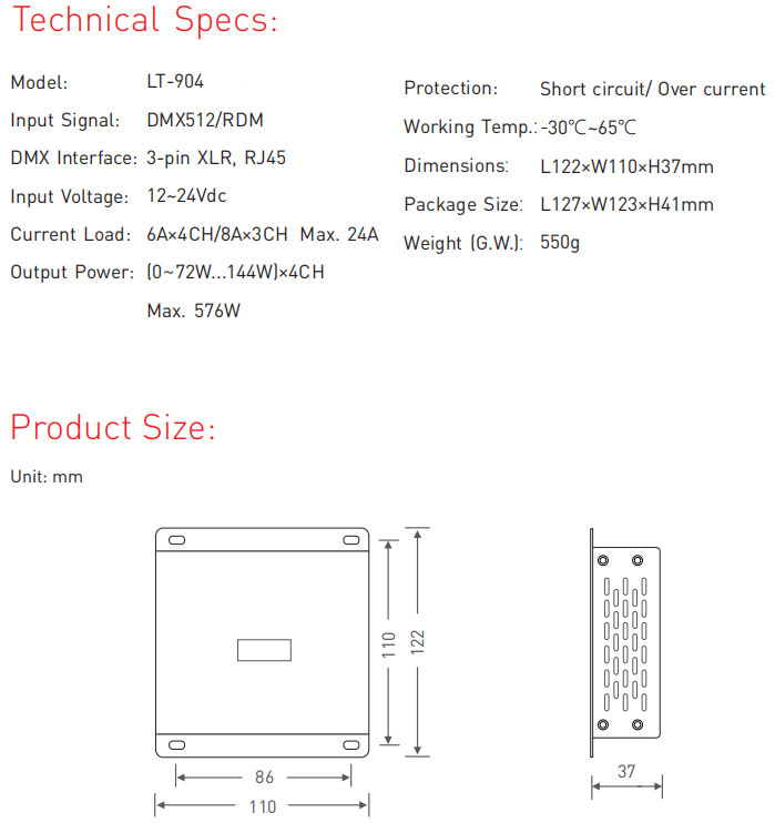 550g LED DMX Decoder , 4 Channel Dmx Decoder RDM Remote Management Protocol