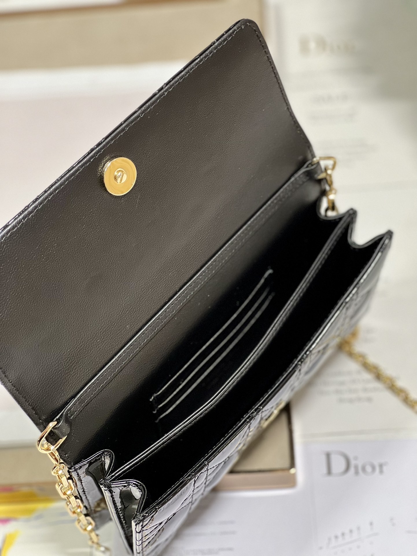 Branded Lady Dior Patent Clutch Small Pearl Black Flip Closure