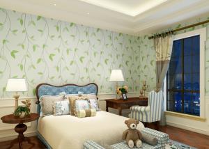 Wholesale Hotel Bedroom Asian style Wallpaper Breathable with White Green Leaves pattern from china suppliers