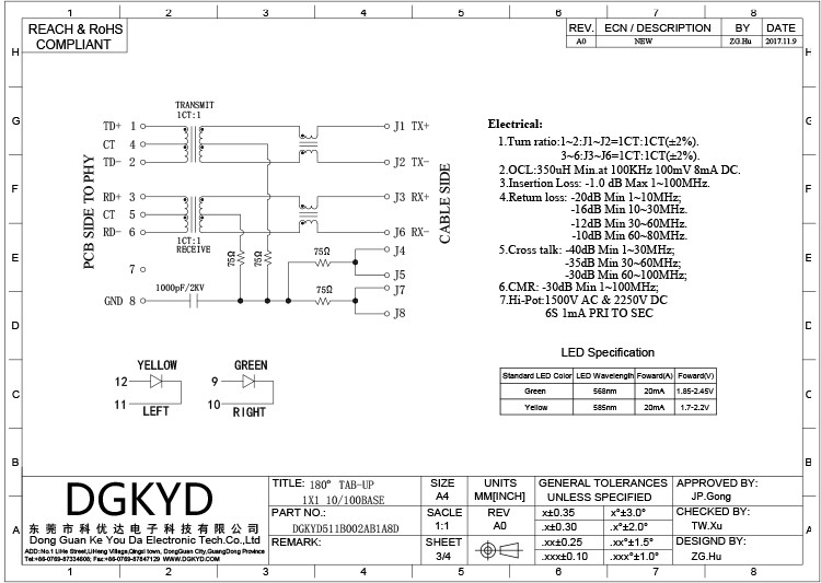 DGKYD511B002AA1A8D 180 Degree RJ45 Connector 8PIN With Lamp And Shielded Socket