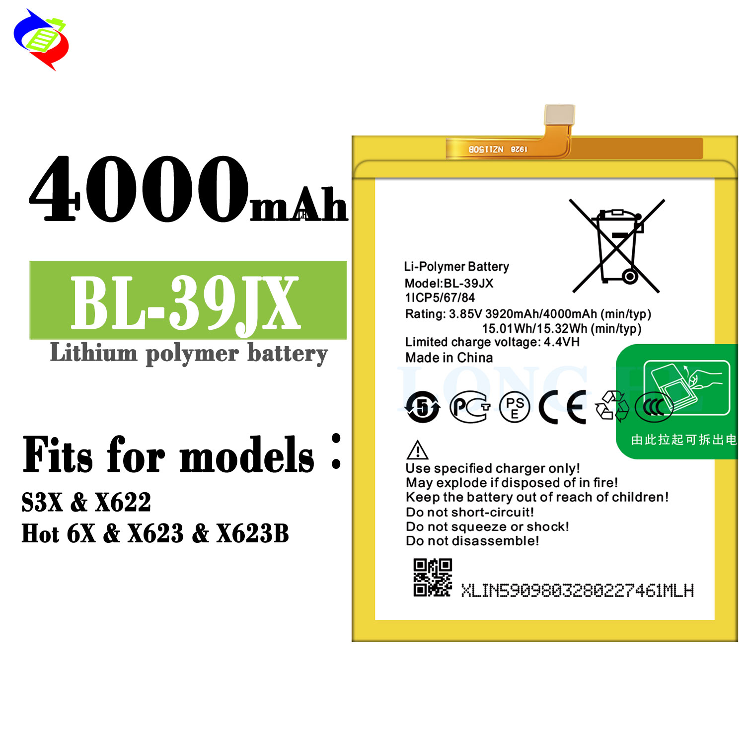 Rechargeable Batteries 4000mAh for Infinix X622 S3X HOT 6X X623 BL-39JX Capacity 3.85V