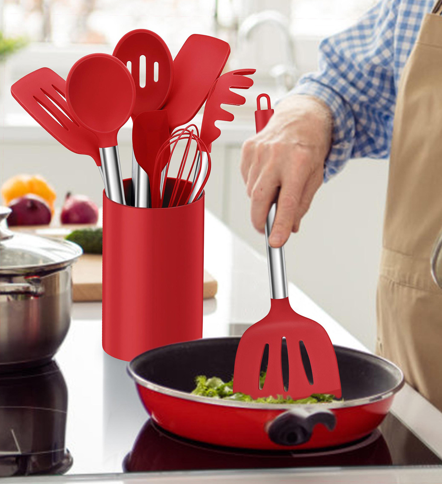 14 Pieces Kitchen Cooking Silicone Utensils Set with Stainless Steel Handle Kitchen Tools Set for Nonstick Cookware