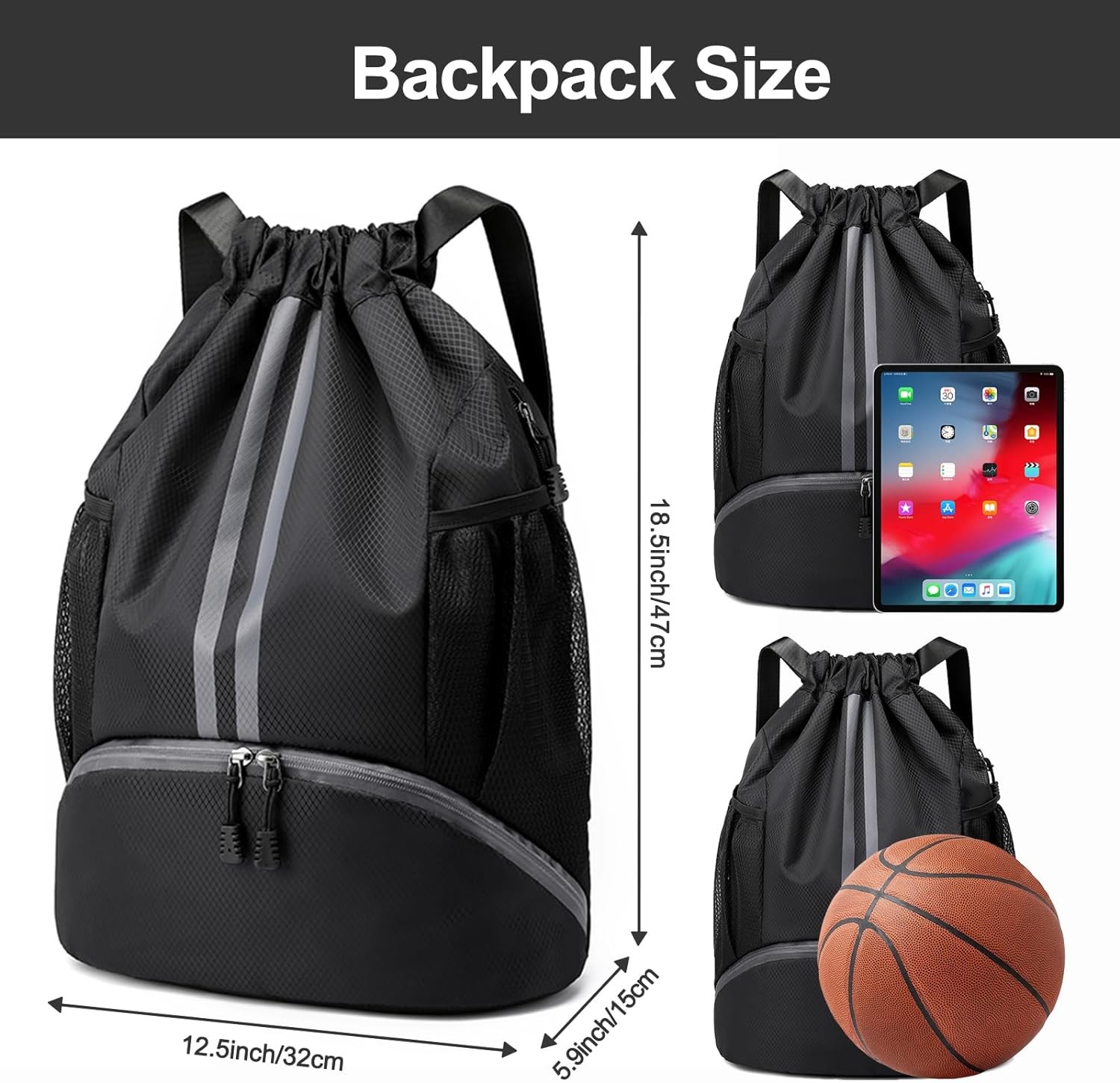 HOEDIA SPORTS DRAWSTRING BACKPACK - STRING SWIM GYM BAG WITH SHOES COMPARTMENT AND WET PROOF POCKET FOR WOMEN&MEN