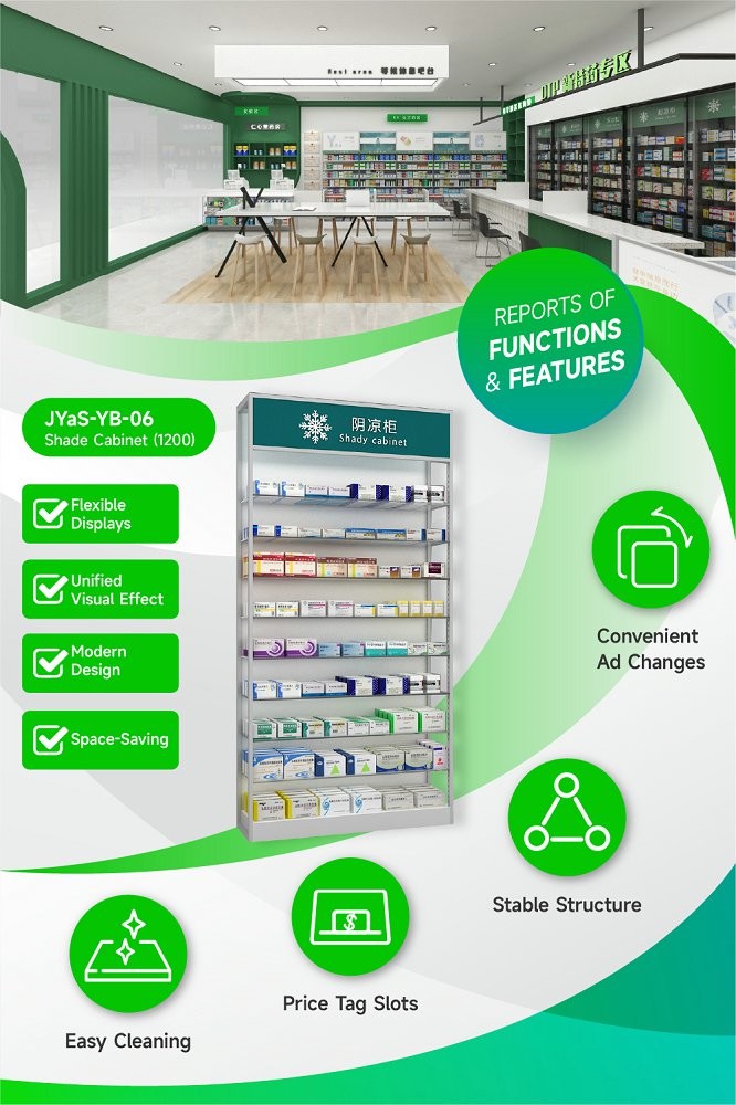 JYaS-YB-06 Eco-friendly Community Pharmacy Shade Cabinet with White Glossy Boards and Clear Glass Shelves
