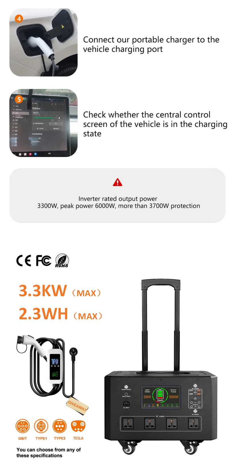 High Capacity 2304Wh 3500W Portable EV Fast Charger Station for Electric Car