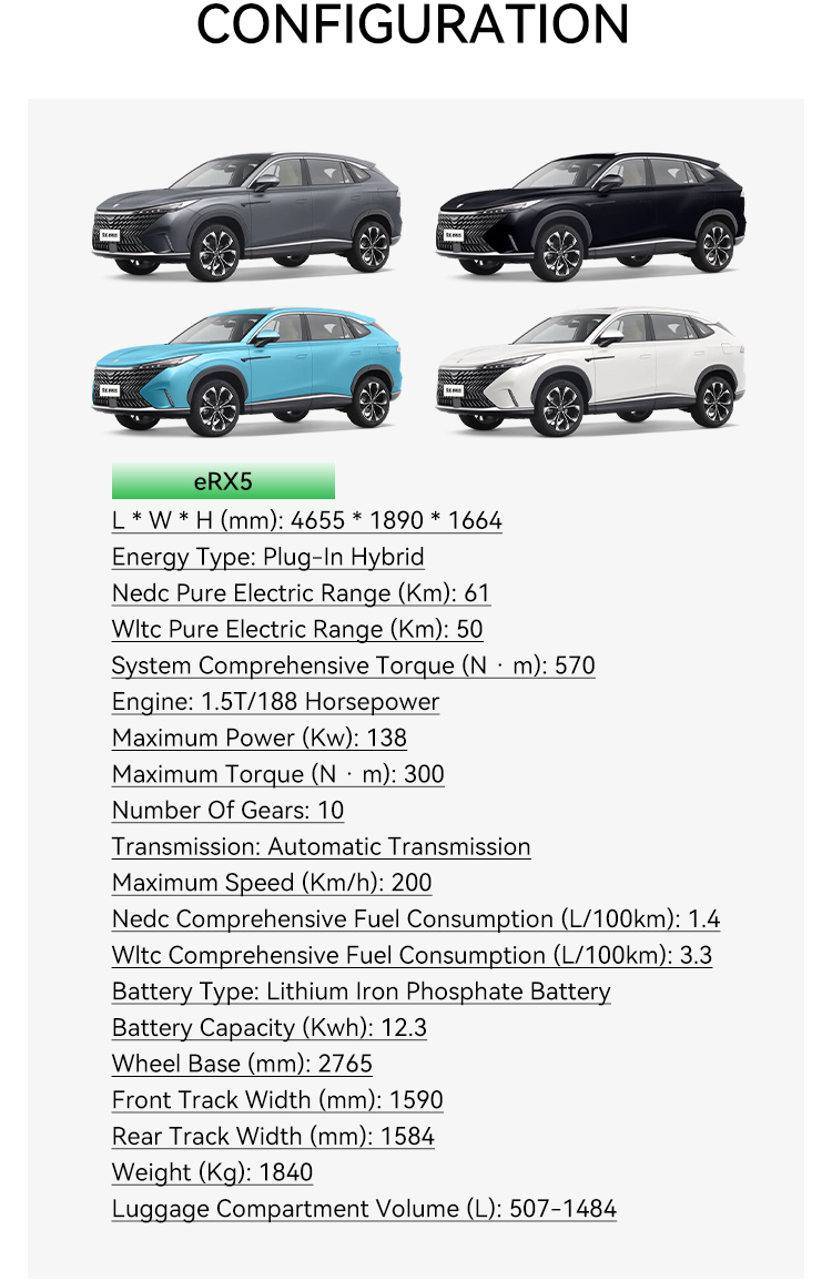 2024 ROEWE ERx5/ROEWE RX5 EMAX 0km Left Hand Drive Hybrid Car Suv Energy Electric Vehicle 3m Vehicle for Transportation