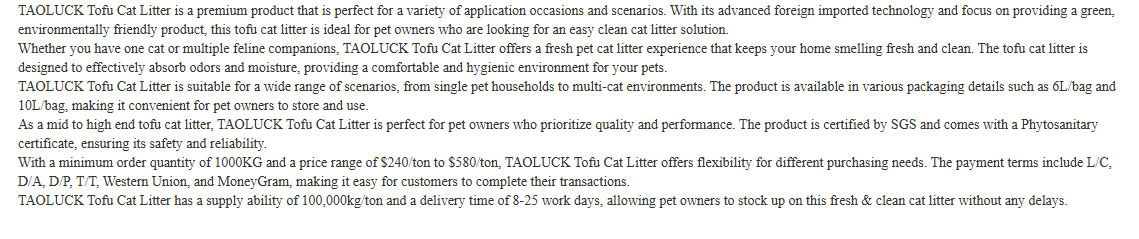 SGS 98% Deodorization Tofu Kitty Litter Coles ODM OEM