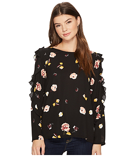 Fall Clothing W Ruffle Long Sleeve Detail Black Blouse Floral Ladies Tops