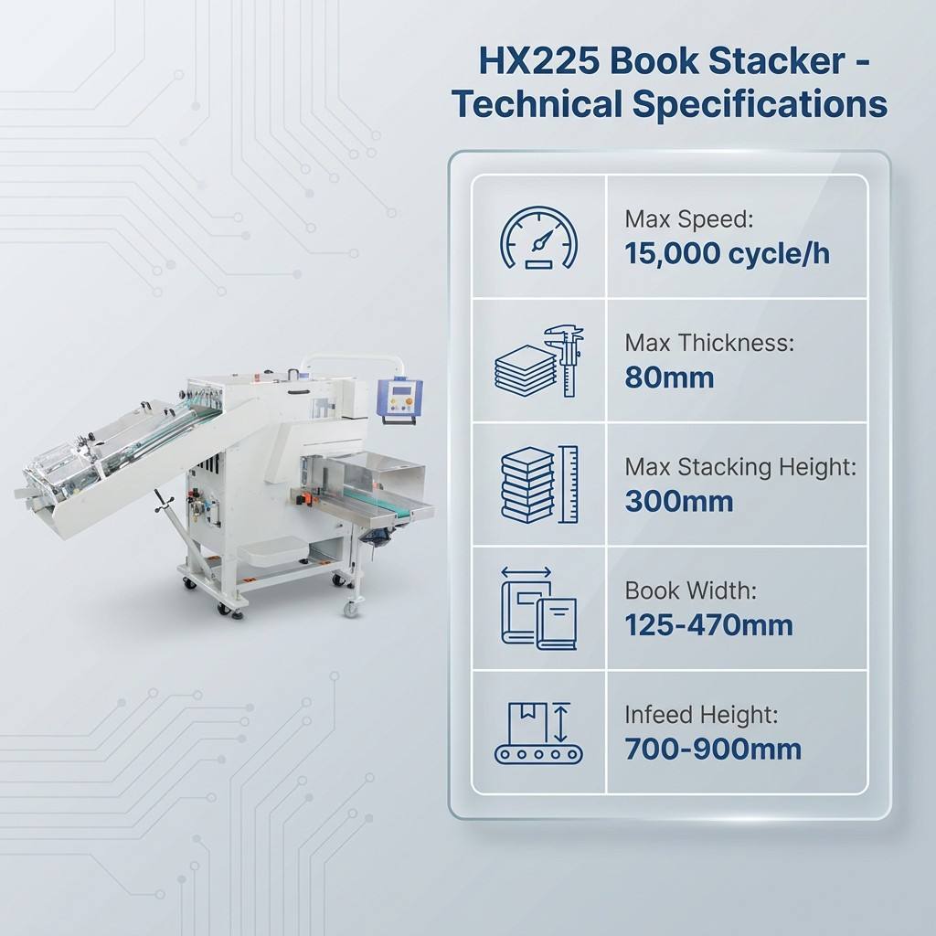 HX225 Perfect Bindery Book Stacker Optimized for High Output Binding Production Lines Managing Thick Bound Publications