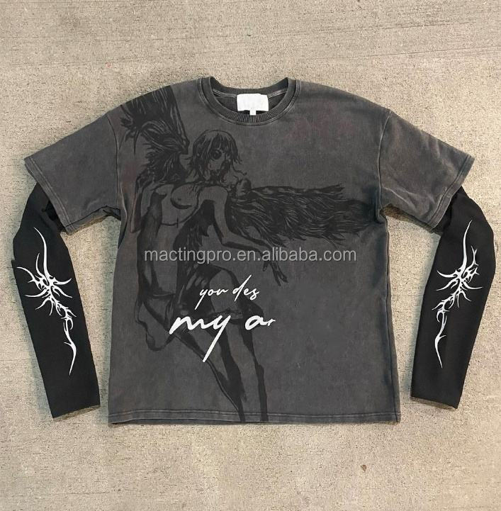 Graphic Printing Acid Stone Wash Vintage Double Layer Long Sleeve T Shirt for Men
