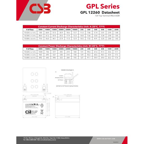 GPL12260 12V 26Ah CSB Battery Long Life Rechargeable Battery
