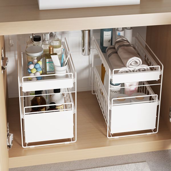 Bathroom Kitchen Stackable Double-layer Pull-out Storage Basket Spice Rack Basket Under Sink Organizer Bathroom Shelf