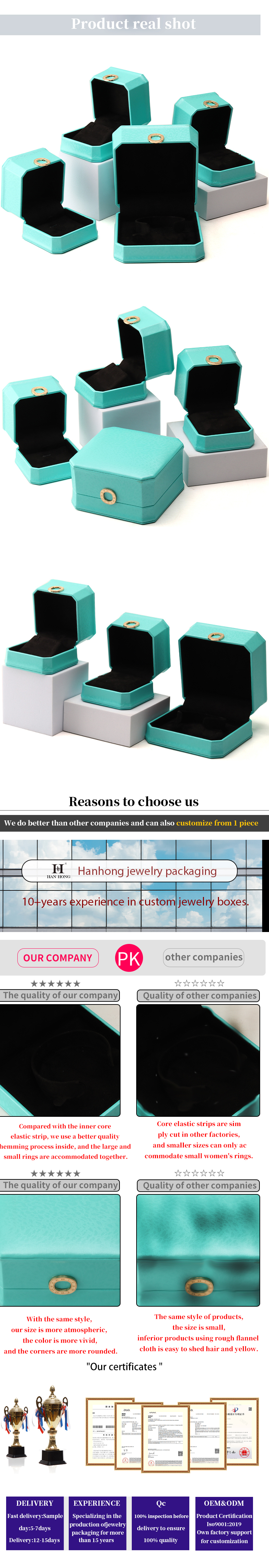 Octagonal Cyan Ring Ornament PU Leather Jewelry Luxury Packaging Box Organizer