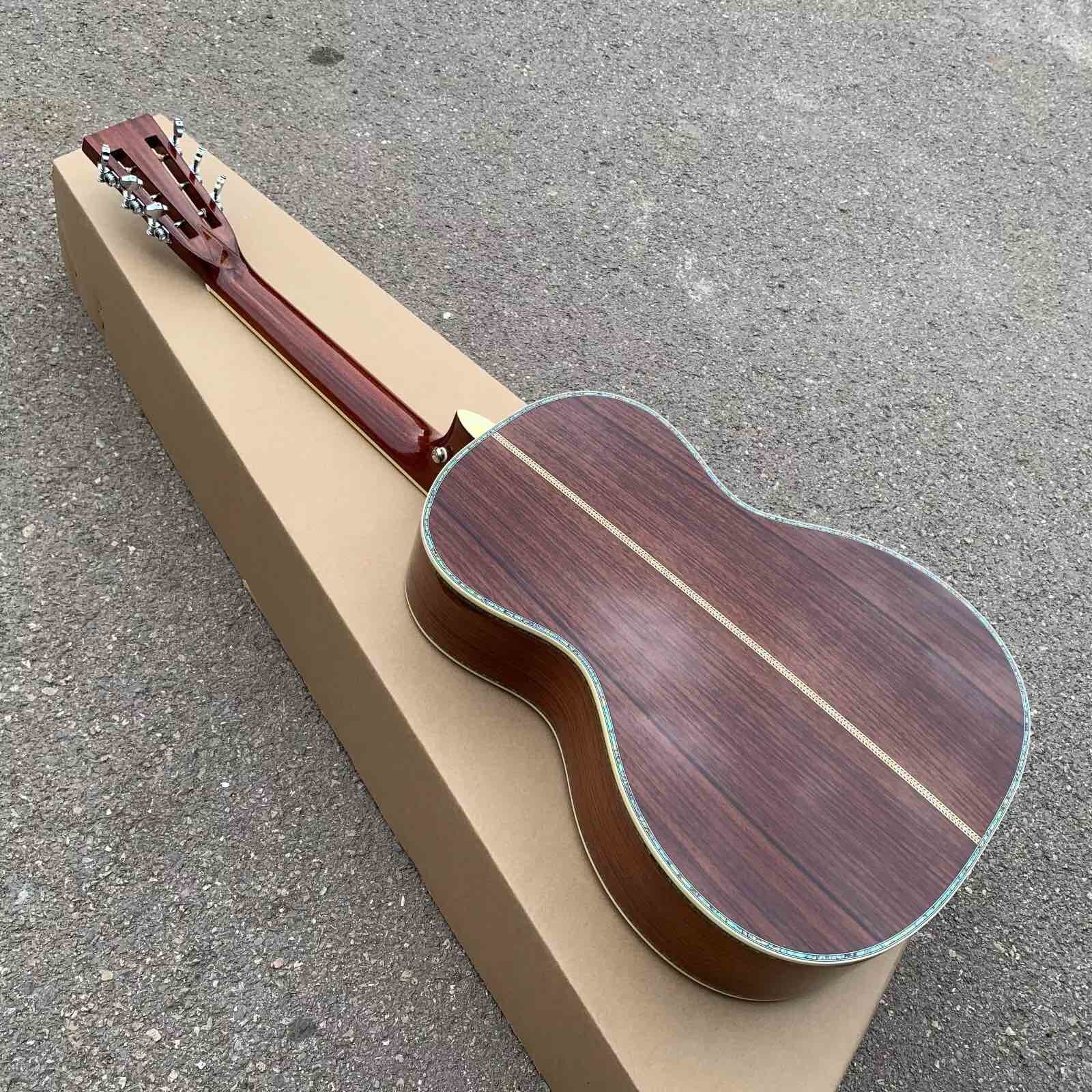 Yellow Painting Solid Spruce Top 39 Inch 000 Type Acoustic Guitar Abalone Ebony Open Headstock